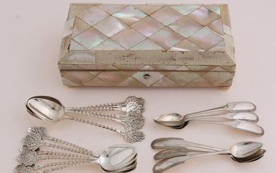 Mother of pearl box with silver spoons