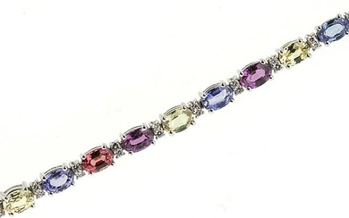 Multi Gemstone And Diamond Oval Bracelet With Round Prong Links In 14k White Gold (6x4mm)