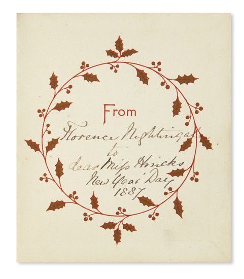 NIGHTINGALE, FLORENCE. Christmas card, Signed and Inscribed: "Florence Nightingale / to / dear...