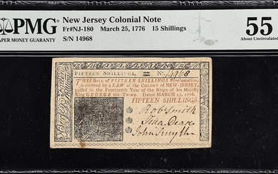 NJ-180. New Jersey. March 25, 1776. 15 Shillings. PMG About Uncirculated 55.
