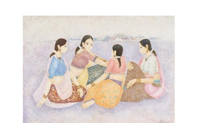 N.S. BENDRE (1910-1992) "FOUR SEATED WOMEN" SIGNED IN HINDI...