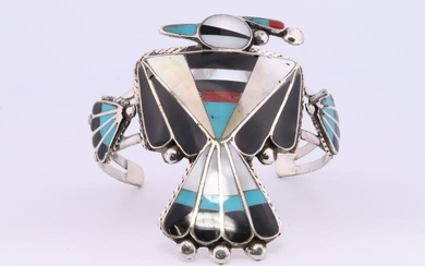 Native America Zuni Handmade Sterling Silver Multi-Color Inlay Bird Bracelet.