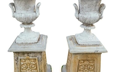 Neo Classical Metal & Stone Pedestal Urns