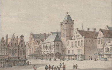 Niederländisch – 17. Jh. . Blick auf den Dam in Amsterdam mit dem alten Rathaus