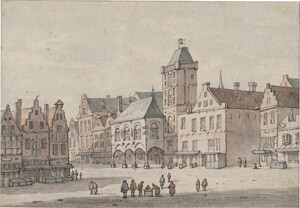Niederländisch – 17. Jh. . Blick auf den Dam in Amsterdam mit dem alten Rathaus