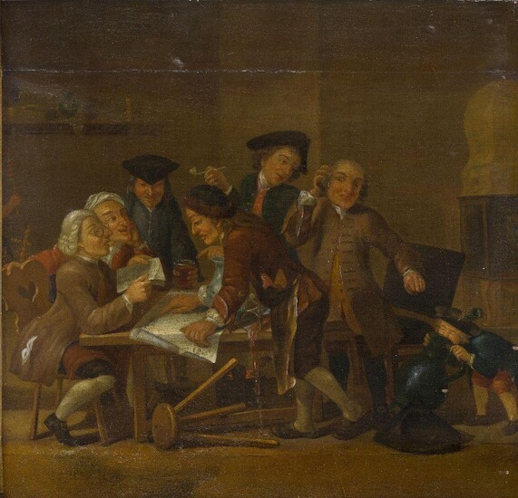 Northern European School, early 18th Century- Figures reading and merrymaking in an interior; oil on canvas, 38.5 x 40.5 cm. Provenance: Anon. sale Bonhams, London, 30 January 2019, lot 229.; Private Collection, UK. Note: The present work is...