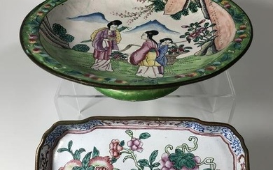 ONE CHINESE QING DYNASTY CANTON ENAMEL PEDESTAL BOWL AND A DISH