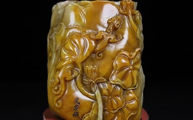 Old Chinese Shoushan Stone Tianhuang Stone Carved Chi Dragon & Lotus Flower