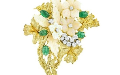 Opal Emerald and Diamond Flower Brooch