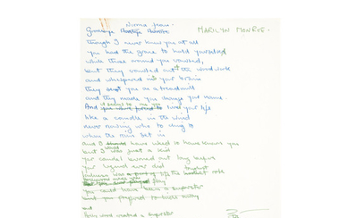 Original handwritten lyrics for the Elton John song "Candle in the Wind"