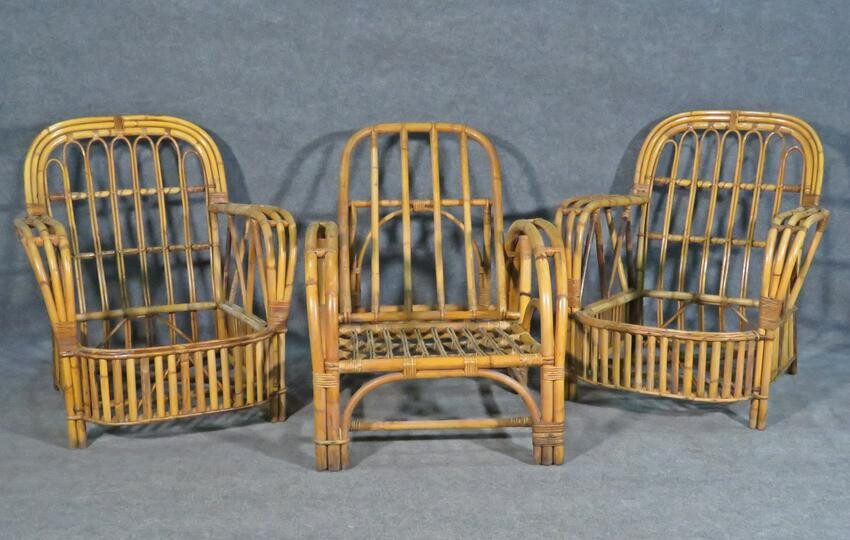 PAIR BAMBOO & RATTAN LOUNGE CHAIRS & CHAISE LOUNGE