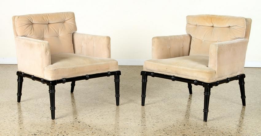 PAIR EBONIZED FAUX BAMBOO UPHOLSTERED CHAIRS 1950