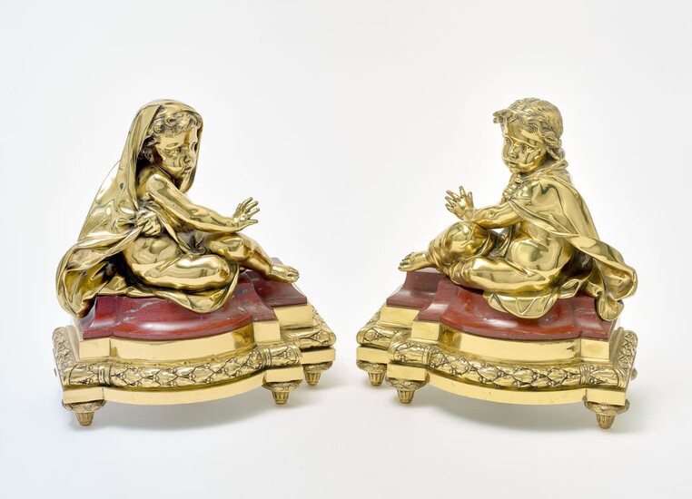 PAIR OF GUILTED BRONZE AND MARBLE FRENCH CHENETS, 19th century
