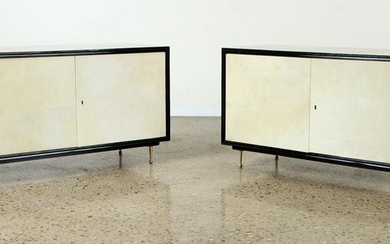 PAIR PARCHMENT COVERED TWO DOOR CABINETS C.1960