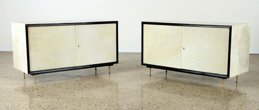 PAIR PARCHMENT COVERED TWO DOOR CABINETS C.1960