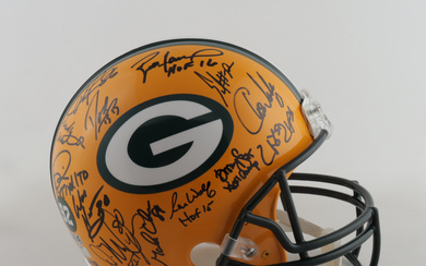 Packers Full-Size Authentic On-Field Helmet Signed by (23) with Brett Favre, Chris Jackie, Dorsey Levens, Ron Wolf, William Henderson, Earl Dotson, Mark Chmura, Andre Rison, Derrick Mays, Frank Winters (Radtke COA) (See Description)