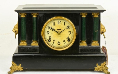 Painted Black / Gold Mantle Clock with Lion Heads