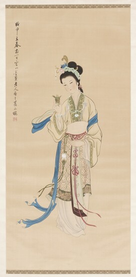 Painting on silk with a lady China, 20th Century