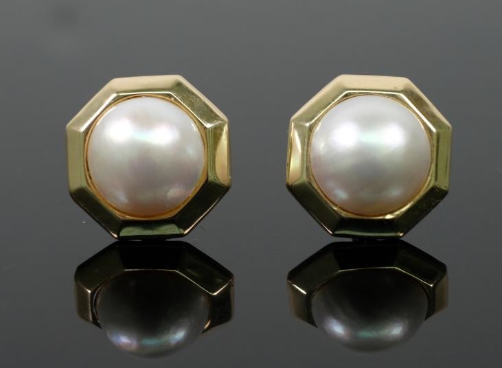 Pair, 14K Yellow Gold & Pearl Octagonal Earrings