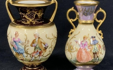 Pair Antique Dresden Hand Painted Gilt Urns