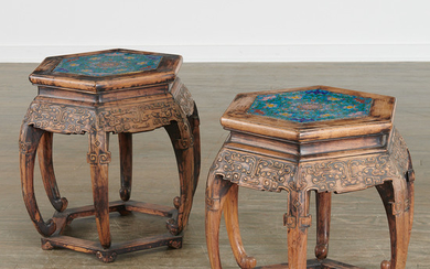 Pair Chinese cloisonne inset hardwood stools