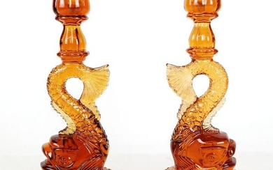 Pair Dolphin-Form Amber Glass Candlesticks