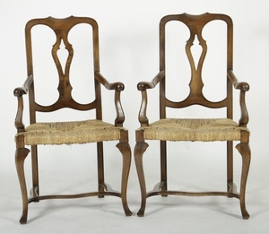 Pair French Country Open Armchairs with Rush Seats