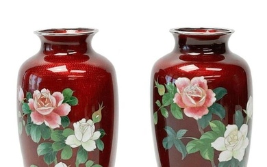 Pair Japanese Cloisonne Enamel Vases Silver Mounts Pink Roses Ando Jubei