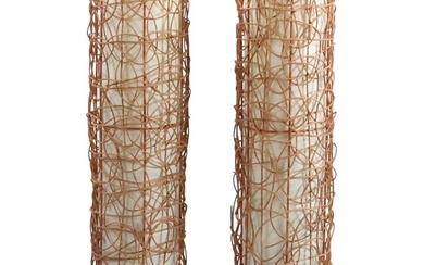 Pair Modern Design Tall Spun Reed Cylindrical Table Lamps 22 inches height x 5.25 in. wide