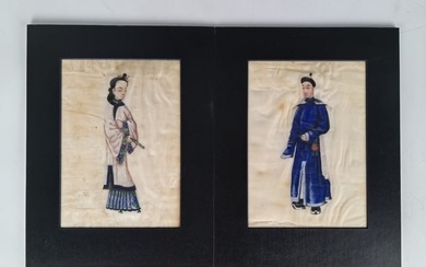 Pair antique Chinese pith Rice Paper Paintings