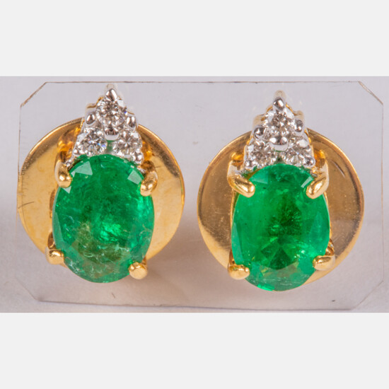 Pair of 18kt Yellow Gold, Emerald and Diamond Earrings