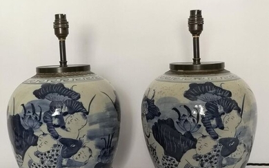 Pair of 20th century Chinese blue and white pottery ginger jars, converted to lamps. Recently wired and PAT tested. Height 39cm.