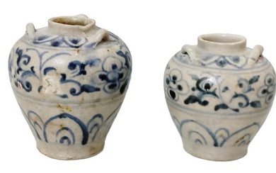 Pair of Antique Vietnamese Blue and White Ceramic Pottery Miniature Water Jugs