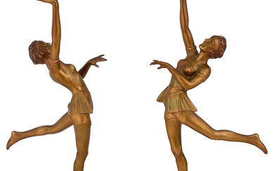 Pair of Art Deco gilt bronzed spelter and alabaster figures of dancers