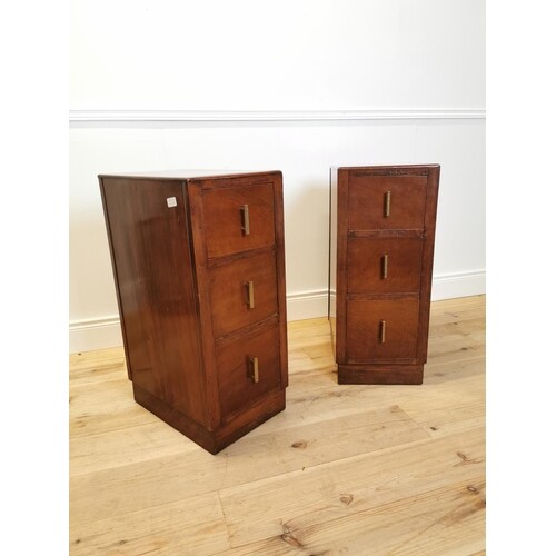 Pair of Art Deco walnut bedside lockers with three drawers. ...