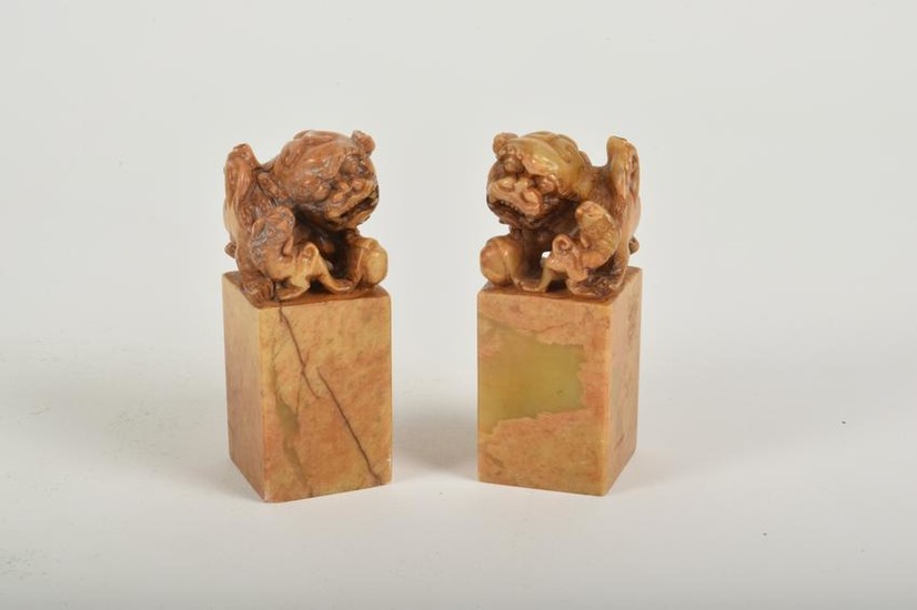 Pair of Carved Stone Guardian Lion Seals