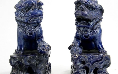 Pair of Chinese Blue Glazed Porcelain Foo-Lion