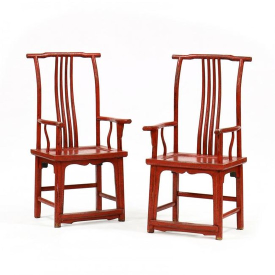 Pair of Chinese Red Lacquered Arm Chairs