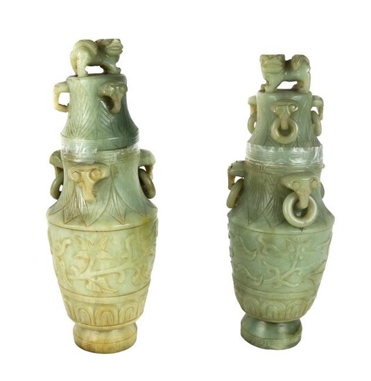 Pair of Chinese Soapstone Covered Vases