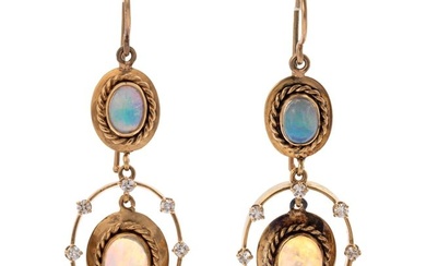 Pair of Diamond, Opal, 14k Yellow Gold Earrings