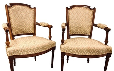 Pair of French Custom Louis XVI Style Carved Bergere, Office or Armchairs