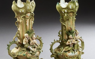 Pair of German Polychromed Figural Bisque Flare Vases