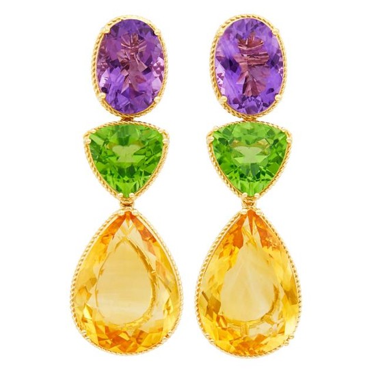 Pair of Gold, Amethyst, Peridot and Citrine Pendant-Earclips
