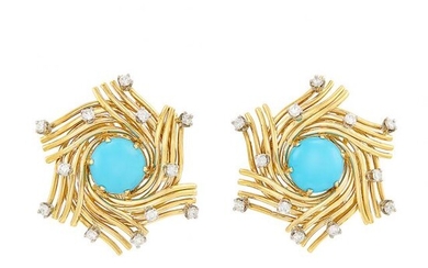 Pair of Gold, Platinum, Turquoise and Diamond Earclips, Tiffany & Co., Schlumberger