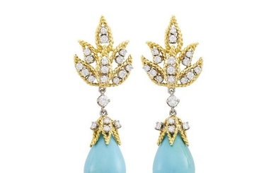 Pair of Gold, Platinum, Turquoise and Diamond Pendant-Earrings