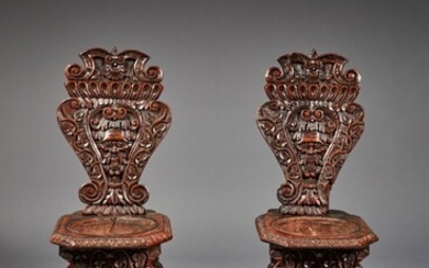 Pair of Italian late Renaissance carved walnut sgabelli, Late 16th/Early 17th Century and Later