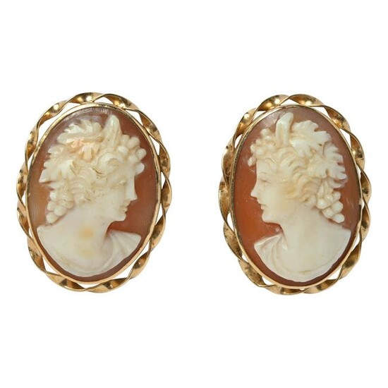 Pair of Shell Cameo, 14k Yellow Gold Earrings.