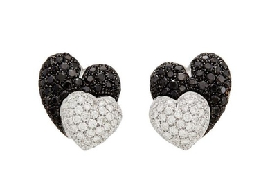 Pair of Two-Color Gold, Diamond and Black Diamond Double Heart Earclips