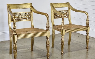 Pair of antique style gilt & carved timber armchairs, with...