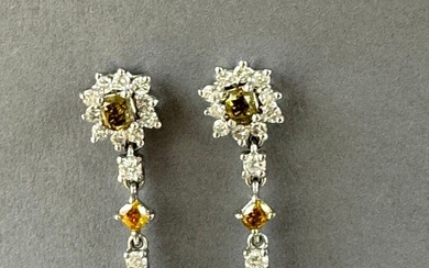 Paire de pendants d'oreille en or gris 18K (750/1000) ornée de deux diamants taille coussincognac...